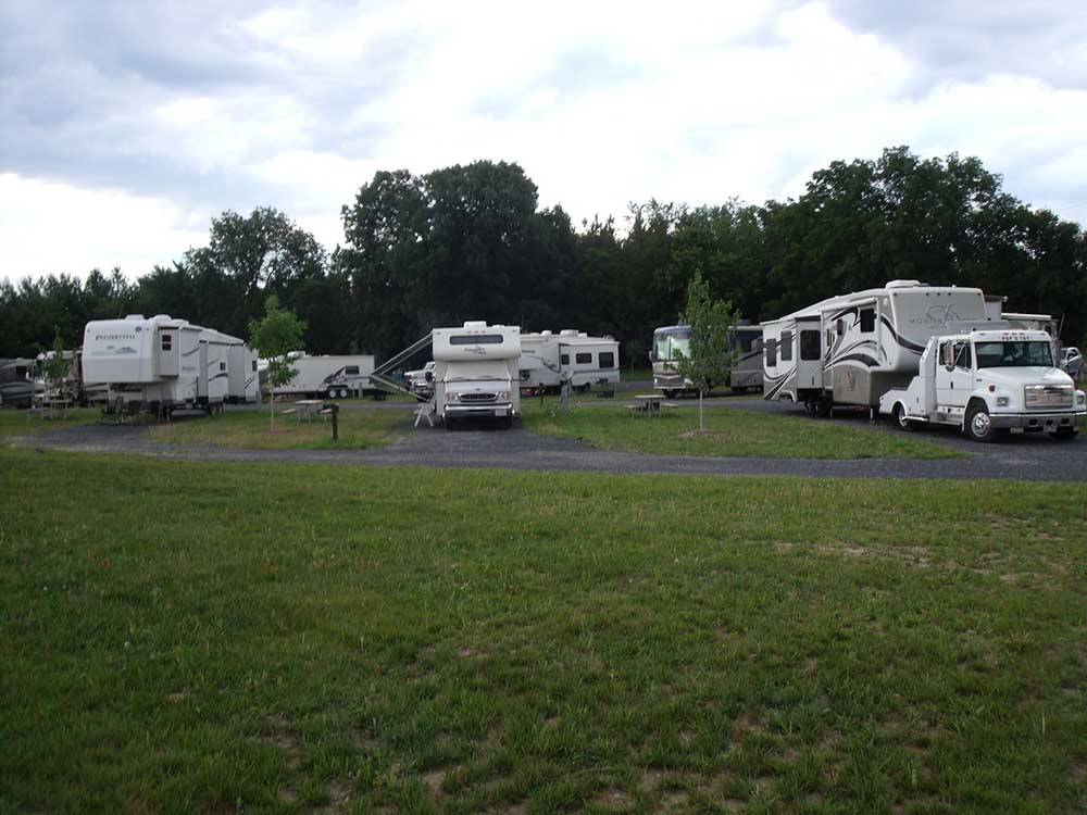 A row of gravel pull thru RV sites at SHENANDOAH VALLEY CAMPGROUNDS
