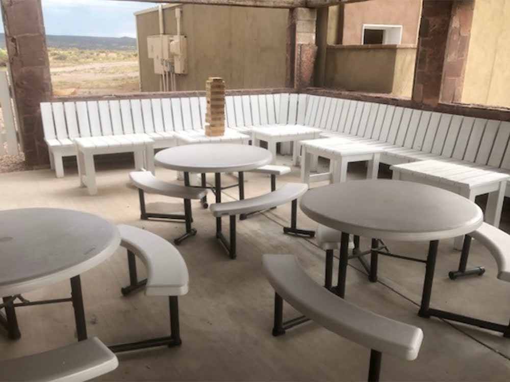 The round patio tables at the brewery next door at LAVALAND RV PARK