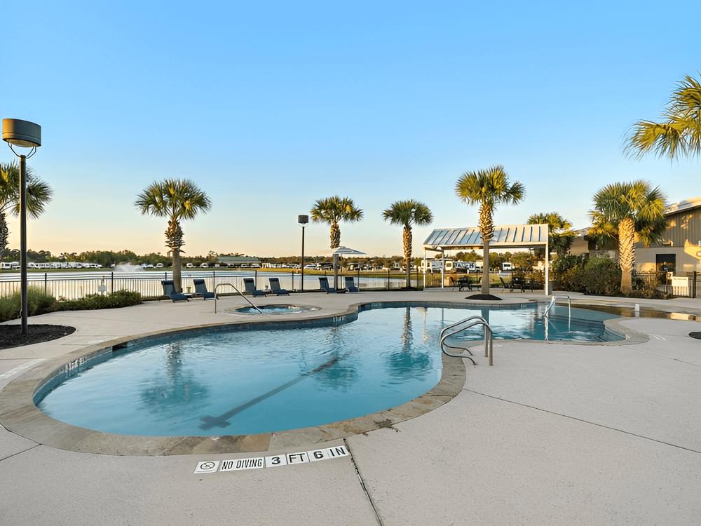 The pool and a view of the lake at Eastlake RV Resort