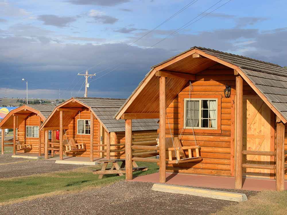 Some of the rustic rental cabins at SHELBY RV PARK AND RESORT