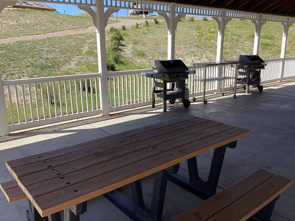 A picnic table under the pavilion at SHELBY RV PARK AND RESORT