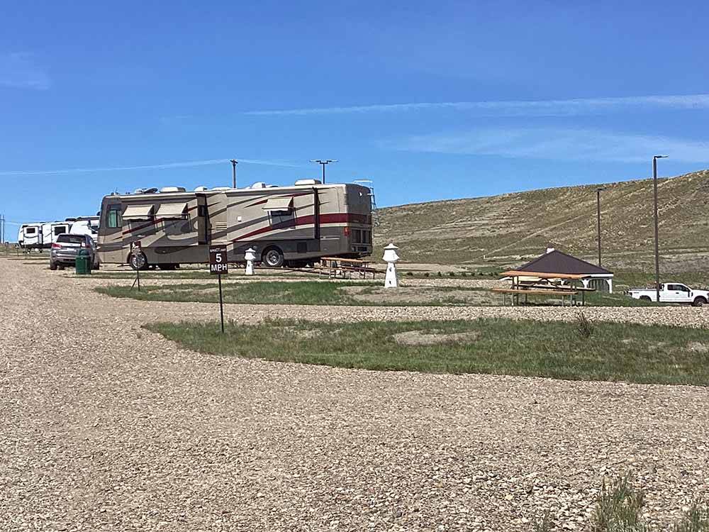 A long row of gravel RV sites at SHELBY RV PARK AND RESORT