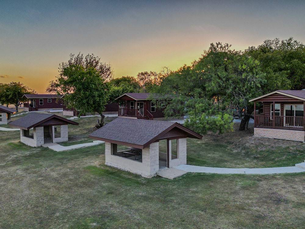 Rental cabins, each with a small pavilion at Hidden Cove Park