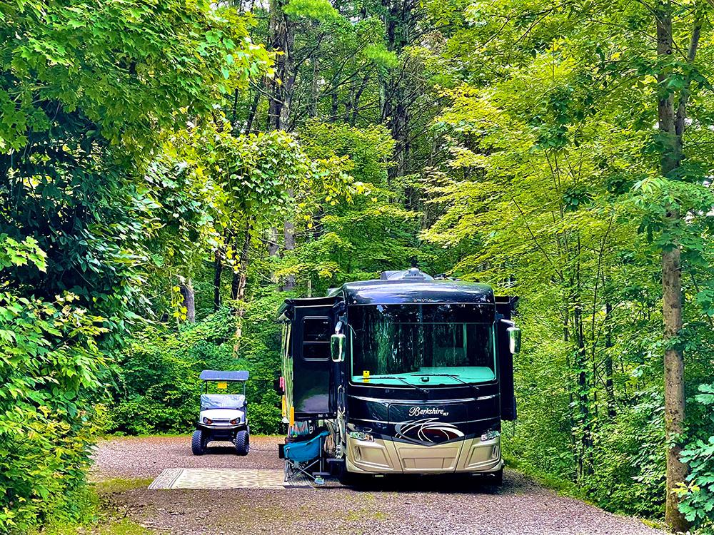 A motorhome and golf cart parked in a shady site at MOOSE HILLOCK CAMPING RESORT NY