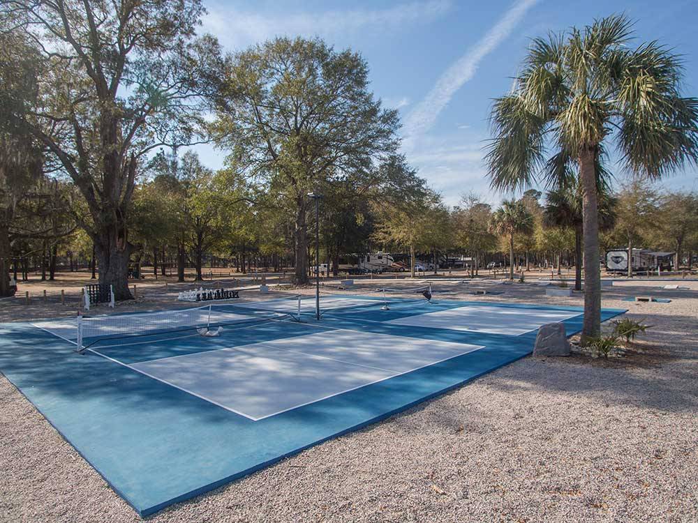 An aerial view of the pickleball and shuffleboard courts at PALMETTO SHORES RV RESORT