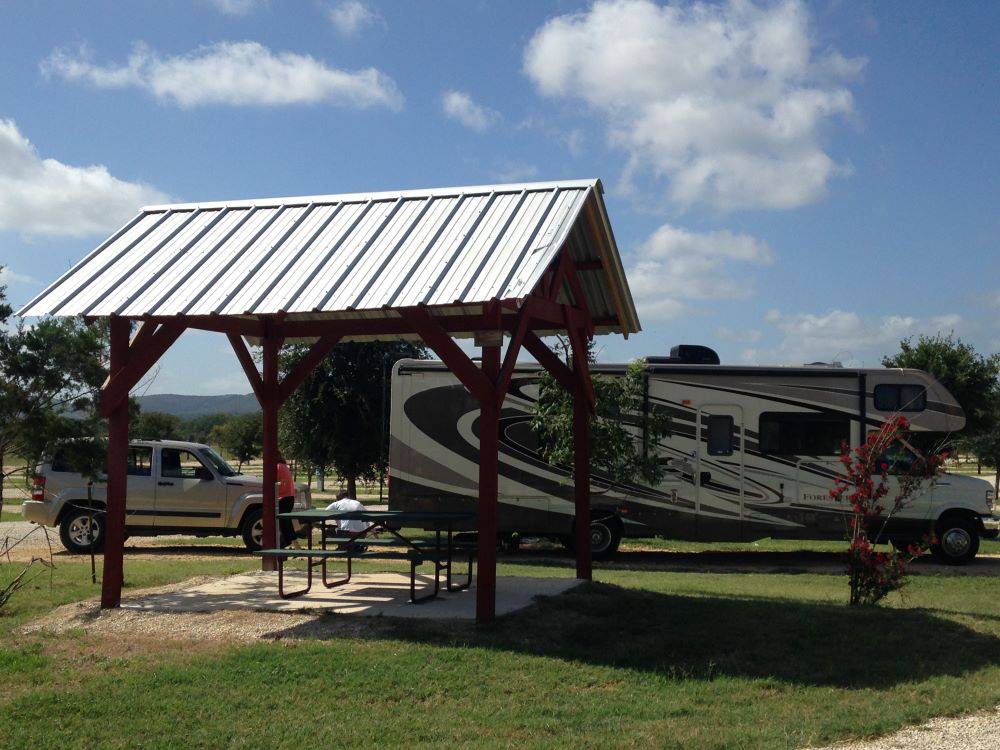 An RV site with covered picnic table