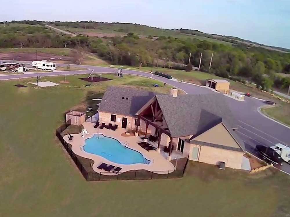 Aerial view of campground pool at BY THE LAKE RV PARK RESORT