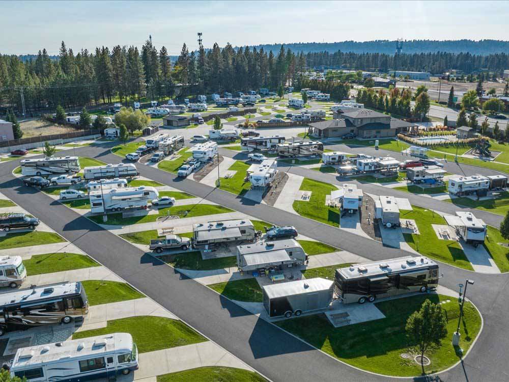 An overhead view of RVs camped on-site at NORTH SPOKANE RV CAMPGROUND