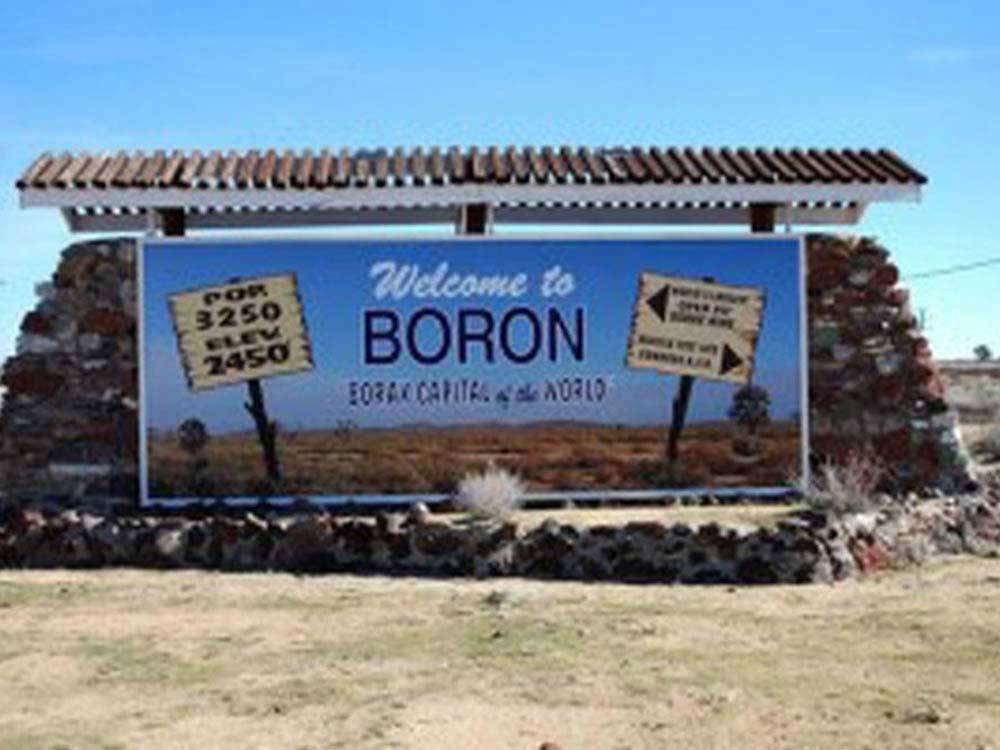 Sign welcoming you to the city of Boron at ARABIAN RV OASIS