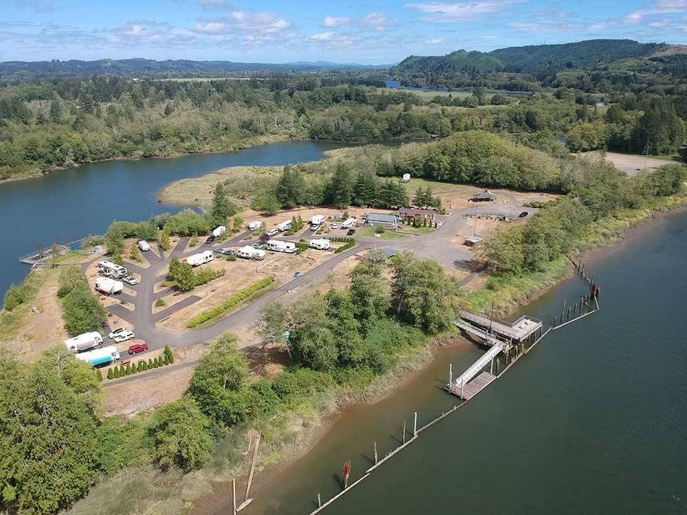 Aerial view of campground and surrounding water at FRIENDS LANDING RV PARK
