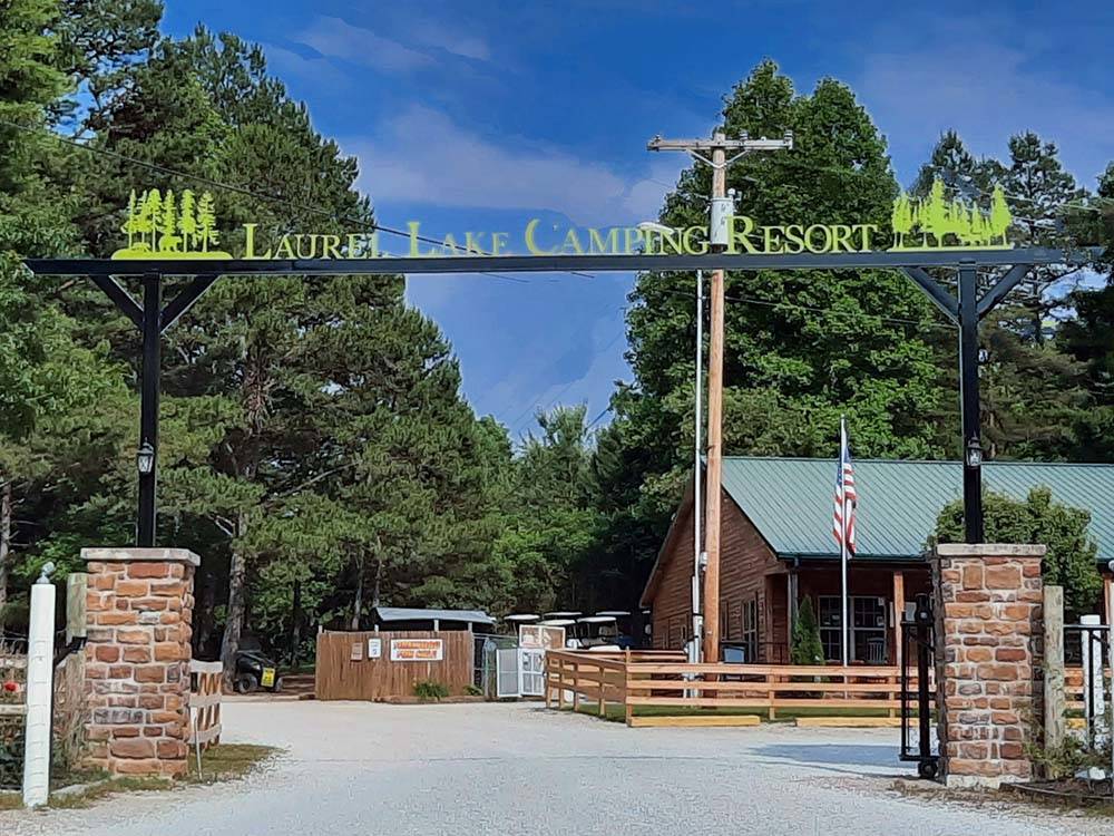 The front entrance with the park name above at LAUREL LAKE CAMPING RESORT