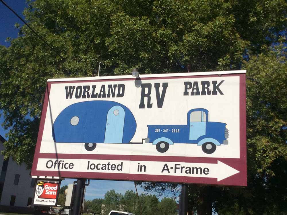 The front entrance billboard at WORLAND RV PARK AND CAMPGROUND