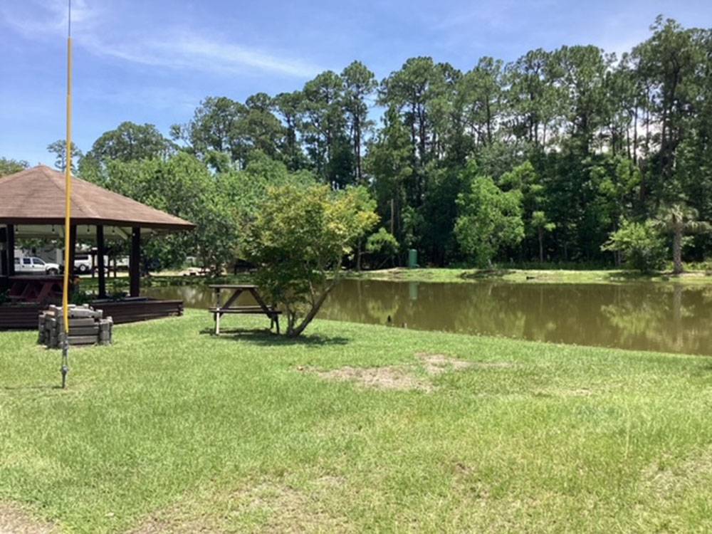Grassy area near the water with a picnic table