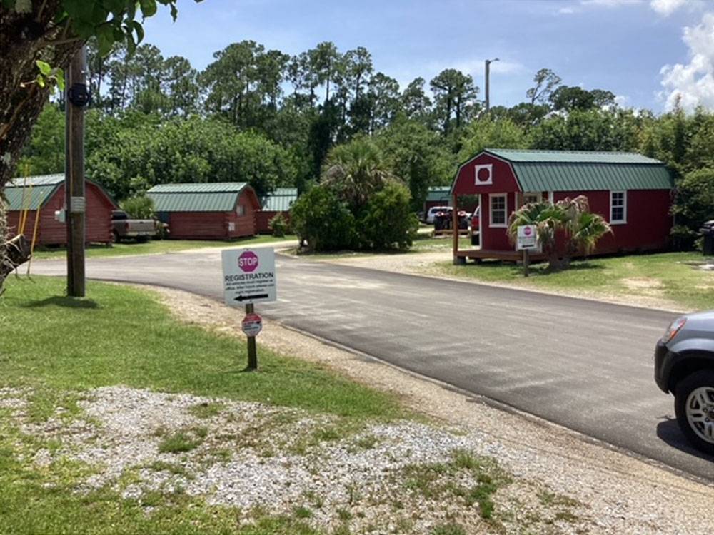 A road leading to cabins