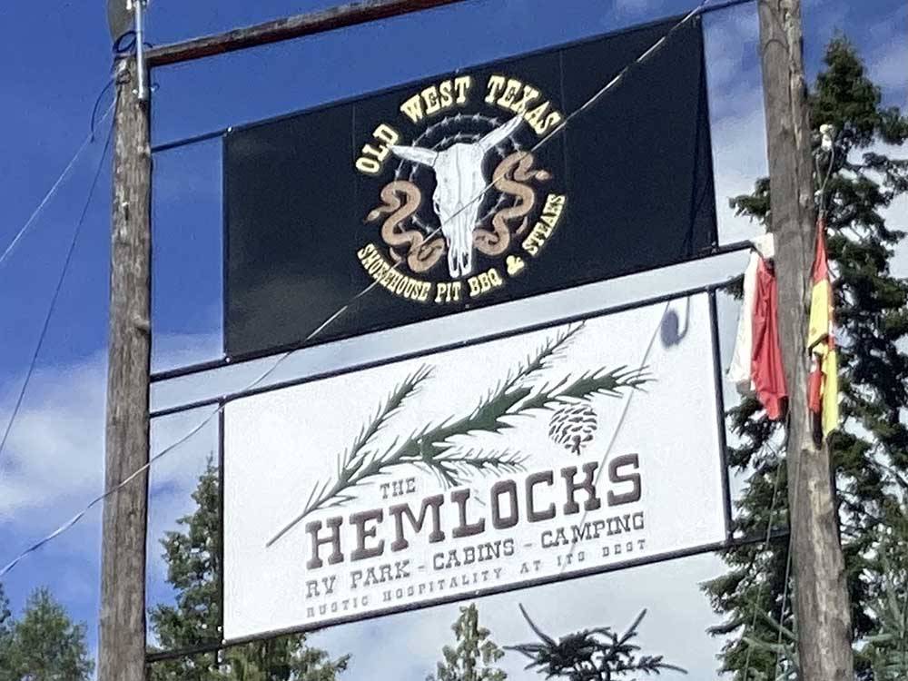 The front entrance sign at THE HEMLOCKS RV AND LODGING