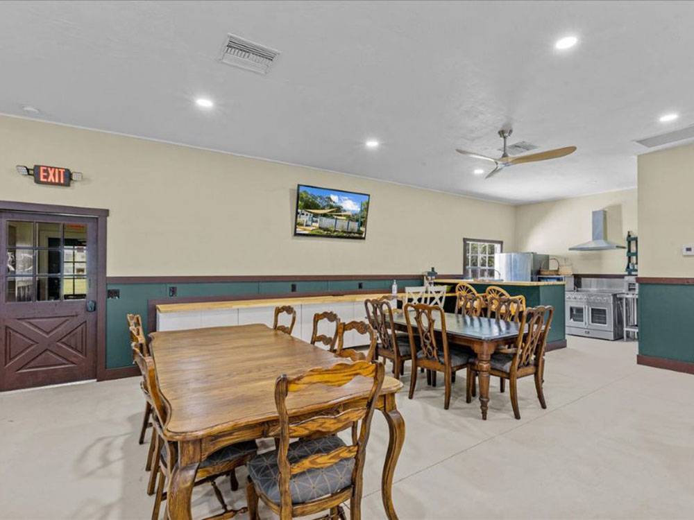 Dining tables and kitchen in the rec hall