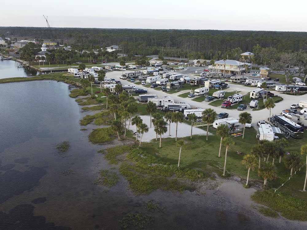 A drone shot of the campground at PRESNELL'S BAYSIDE MARINA & RV RESORT