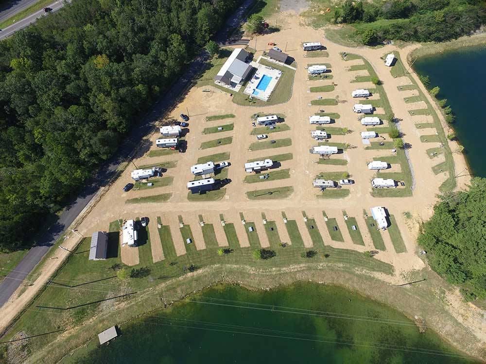 Aerial view of sites at THE COVE LAKESIDE RV RESORT AND CAMPGROUND