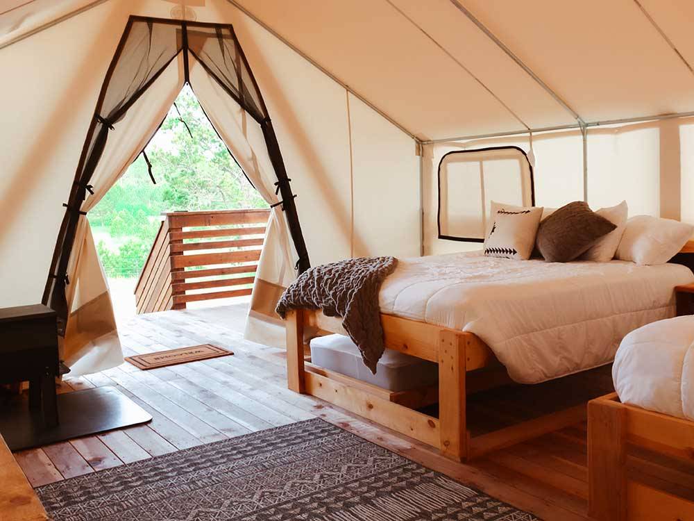 The inside of the glamping tent at BUFFALO RIDGE CAMP RESORT