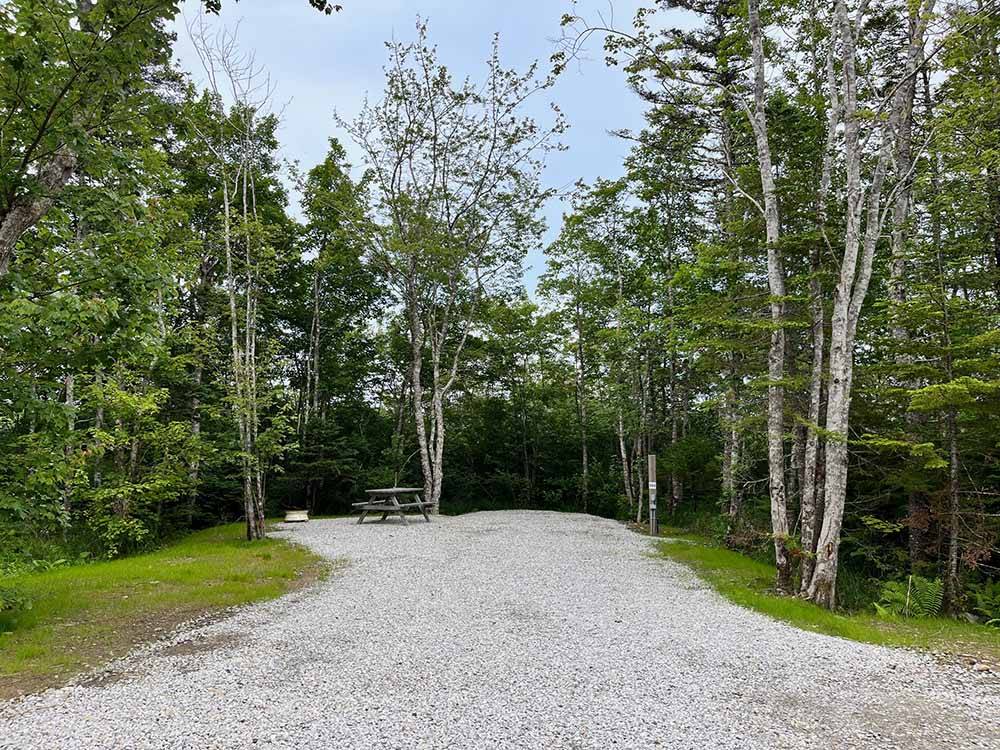 An empty gravel RV site at CASTLE LAKE CAMPGROUND & COTTAGES