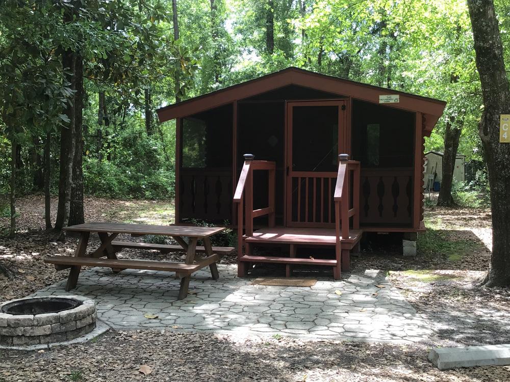 The front view on one of the rental cabins at OKEFENOKEE PASTIMES CABINS & CAMPGROUND