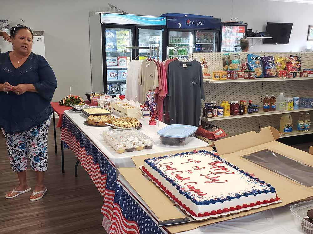 A potluck with desserts in the store at DEEP CREEK RV RESORT & CAMPGROUND
