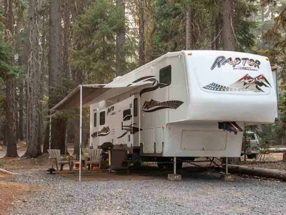A fifth wheel trailer surrounded by trees at SHELTER COVE RESORT AND MARINA