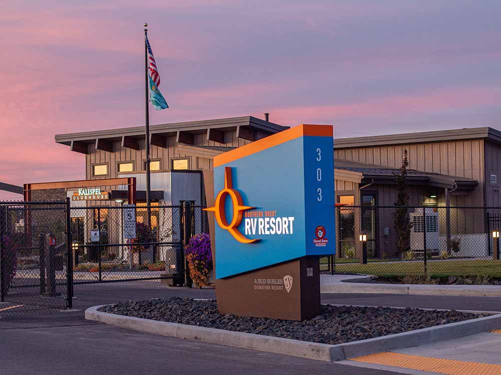 The front entrance sign in front of the gates at NORTHERN QUEST RV RESORT