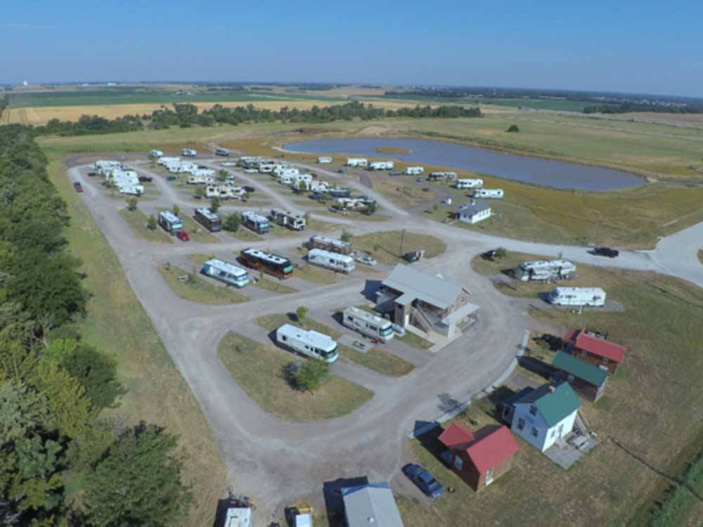 Overhead view of RVs on-site at LIGHTHOUSE LANDING RV PARK & CABINS