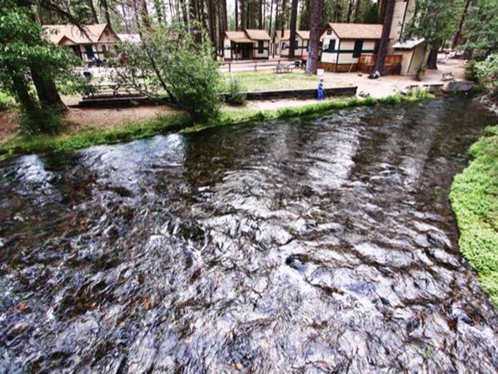 The camping cabins with a stream running in front of them at HAT CREEK RESORT & RV PARK
