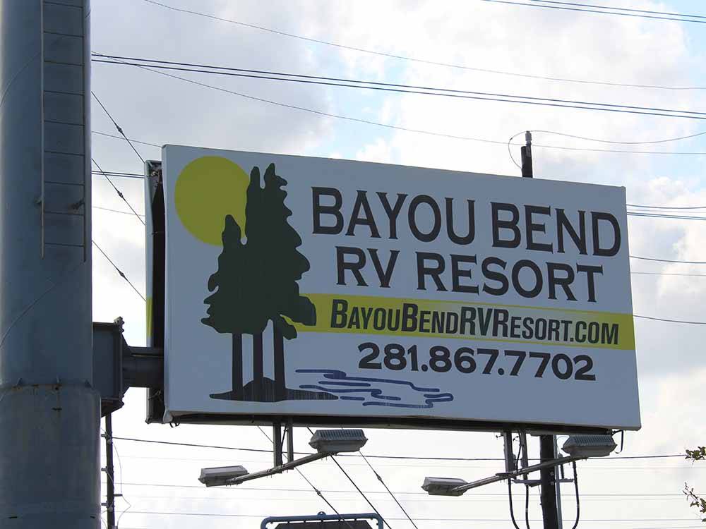 The front entrance billboard at BAYOU BEND RV RESORT