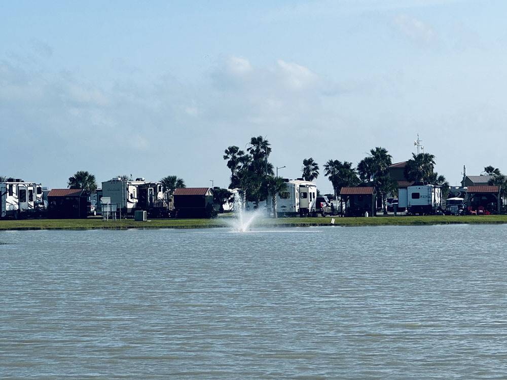 Bayside RV sites and a fountain in the water