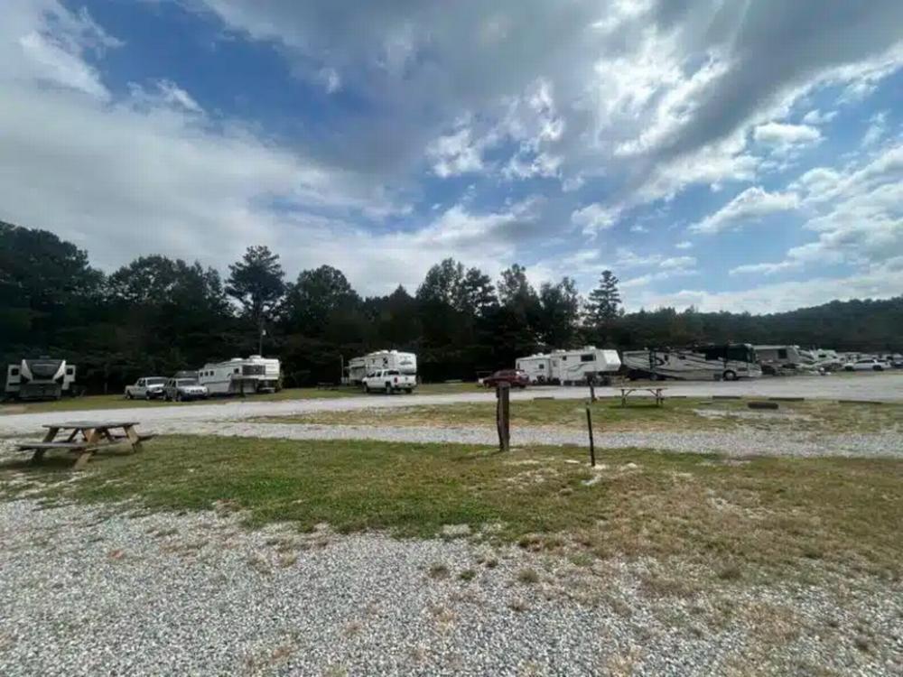 A row of RVs under a blue sky