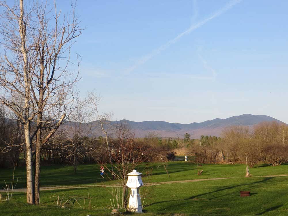 Scenic grassy area with mountains in background at RIVERSIDE CAMPING & RV RESORT