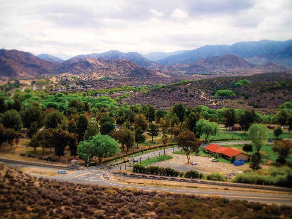 Aerial view over mountains trees and street at THOUSAND TRAILS SOLEDAD CANYON