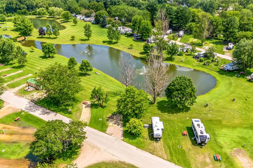 Aerial view of the lake at Northwoods RV Resort