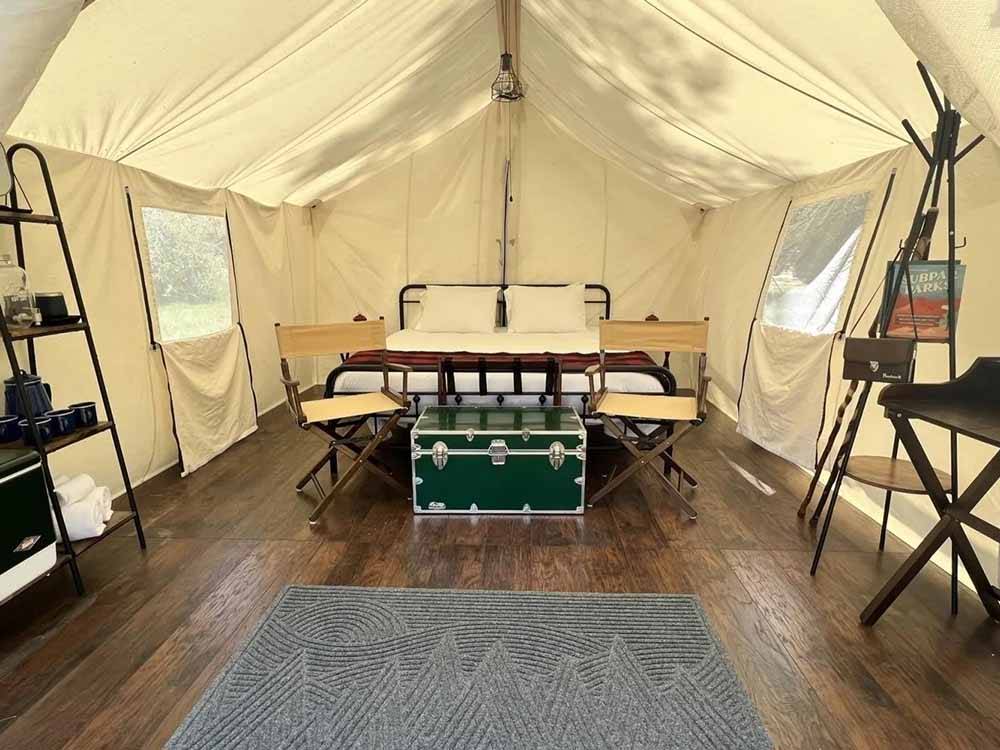 Inside one of the glamping tents at ECHO ISLAND RV RESORT