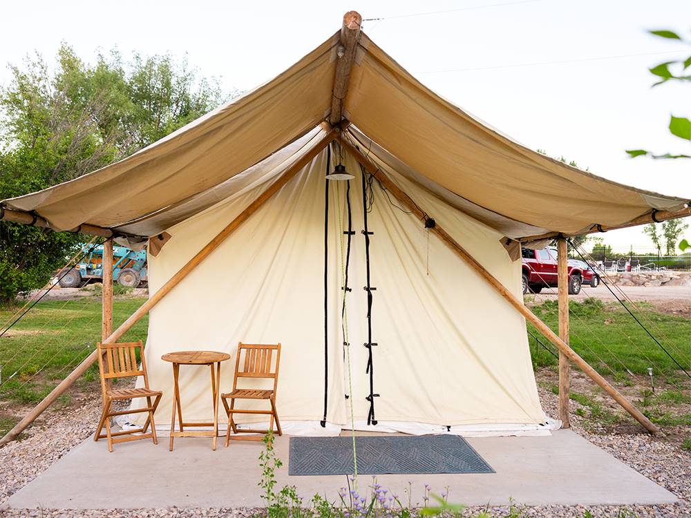 Front view of the safari tent rental at Roam Echo Island