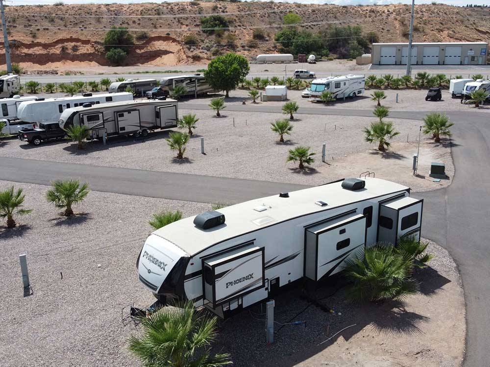 An aerial view of the gravel RV sites at BEAVER DAM LODGE RV RESORT