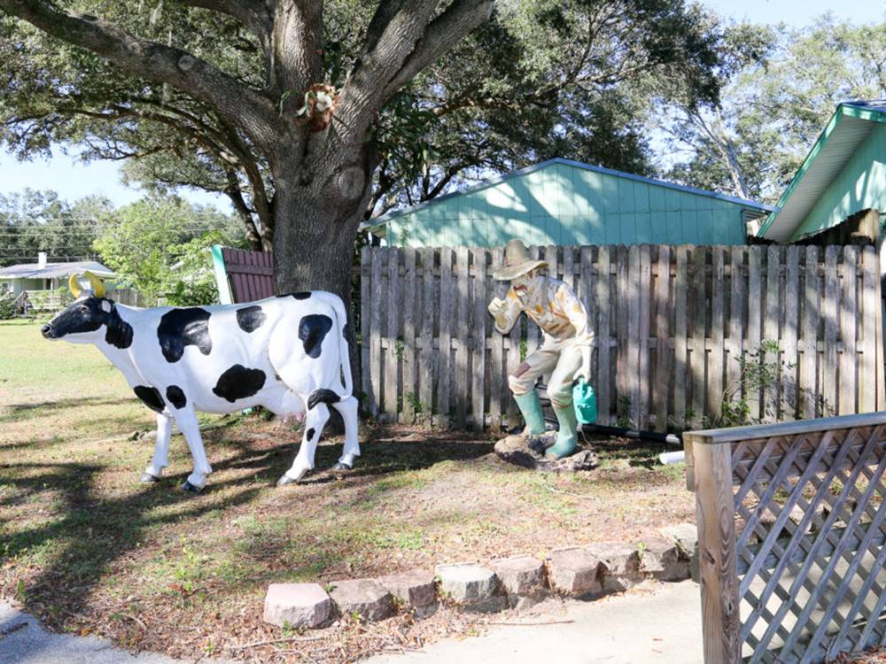 Large yard decorations: a cow and mustached man in hat at The Oaks at Zephyrhills