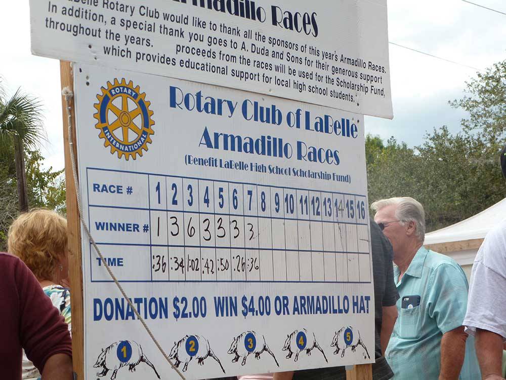 The large Rotary Club Races sign at GRANDMA'S GROVE RV PARK