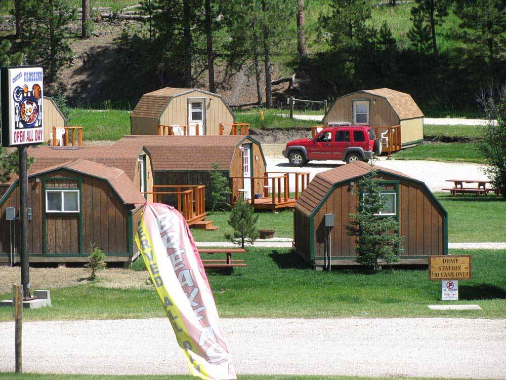Aerial view of the rental cabins at CUSTER CROSSING FAMILY CAMPGROUND
