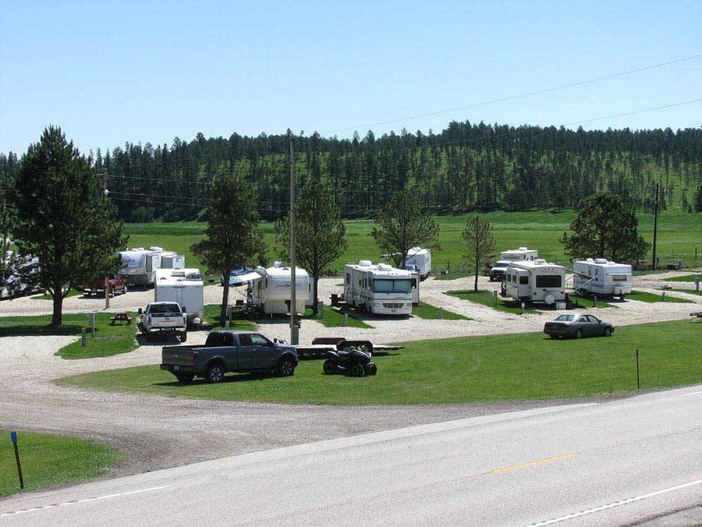 Aerial view of RVs parked in sites at CUSTER CROSSING FAMILY CAMPGROUND