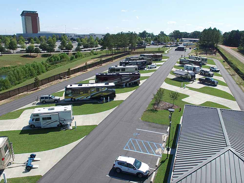 Trailers and motorhomes parked at RV site at WIND CREEK ATMORE CASINO RV PARK