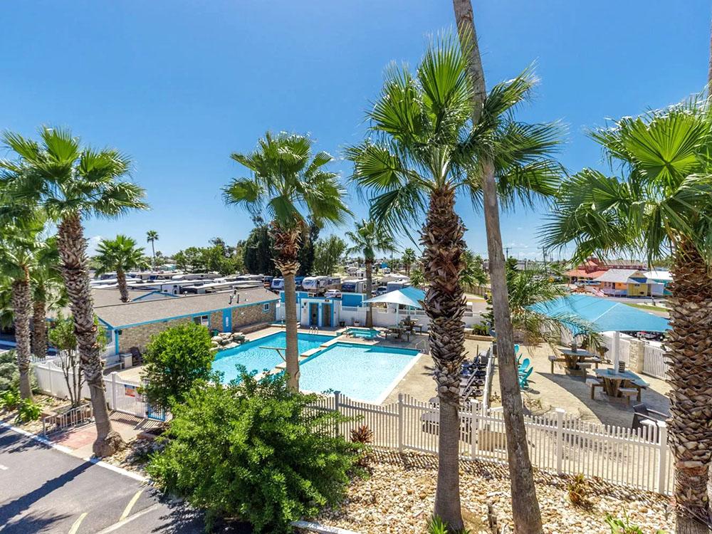 Palm trees line the pool and hot tub area at TROPIC ISLAND RESORT