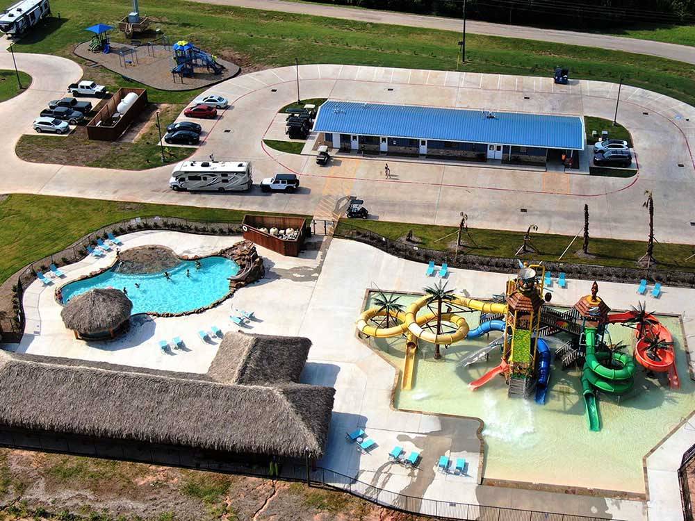 Aerial view over the swimming pool and water slides at SUMMER BREEZE USA KATY