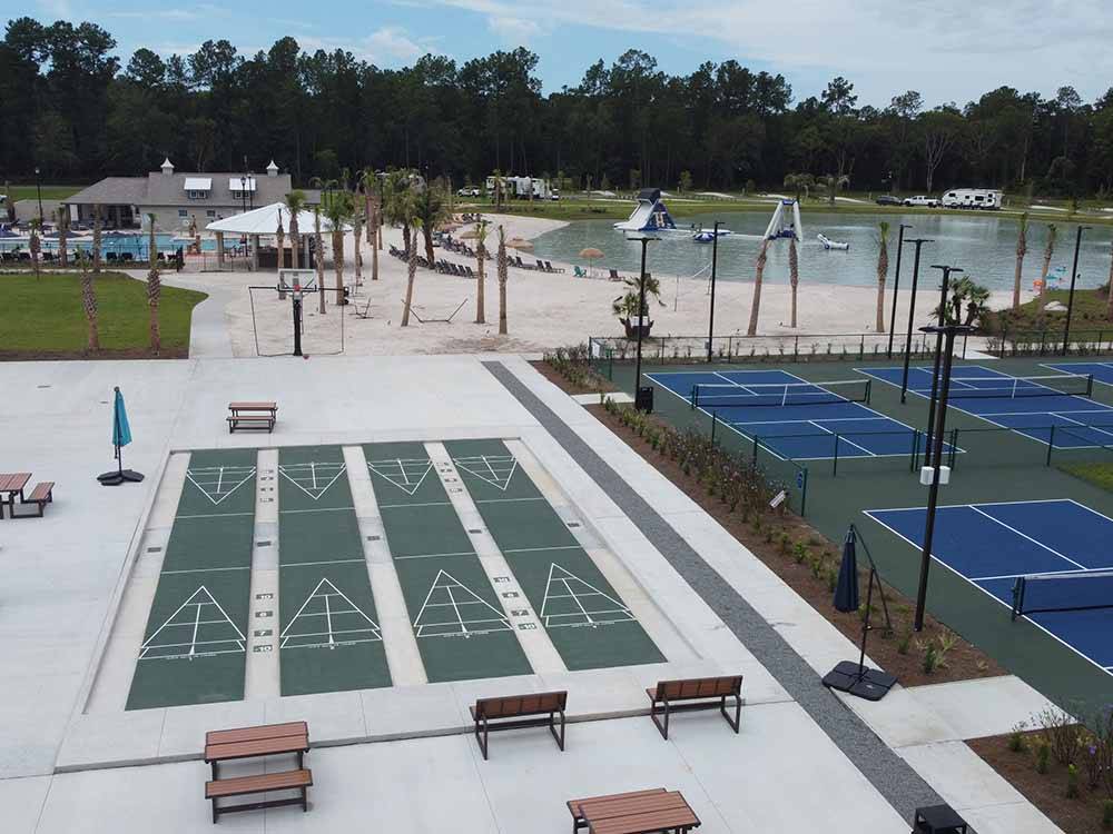 An aerial view of the shuffleboard court at ISLAND OAKS RV RESORT