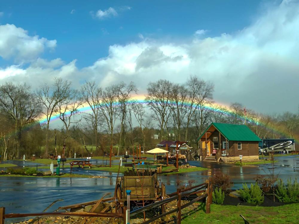 Buddy Bear in the Smokies with rainbow