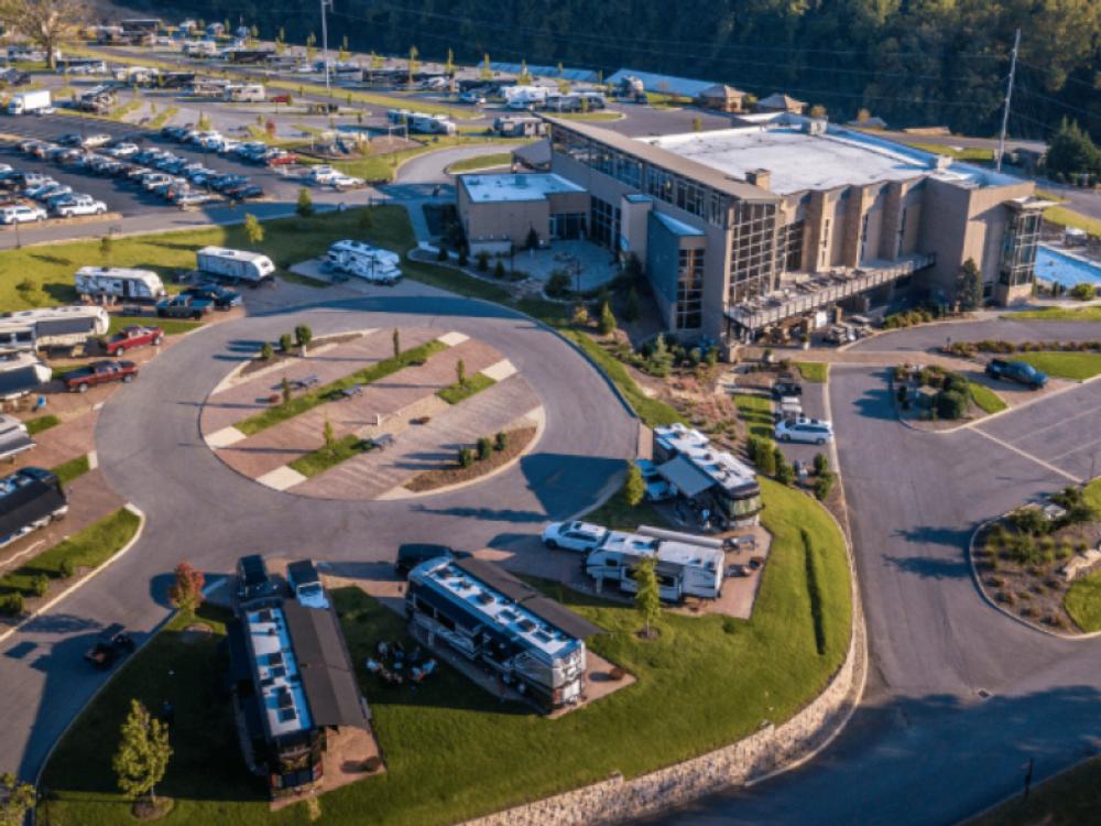 Aerial shot of sites and entrance area at The Ridge Outdoor Resort