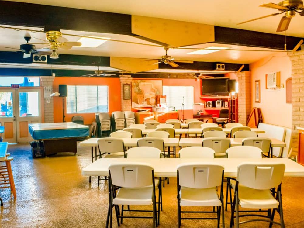 Tables and chairs set-up in the rec hall